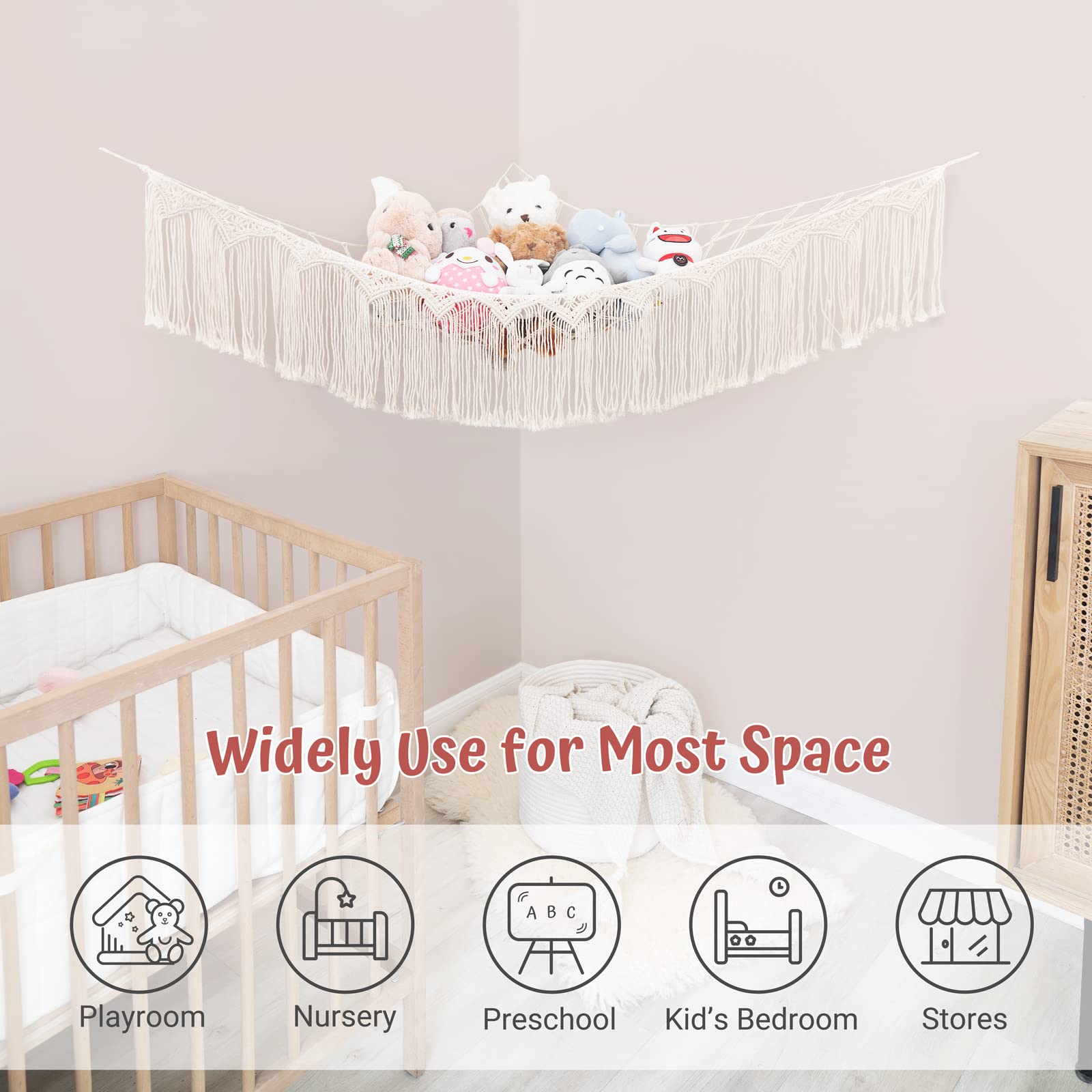 Mkono macrame toy storage net keeps stuffed animals organized and accessible.