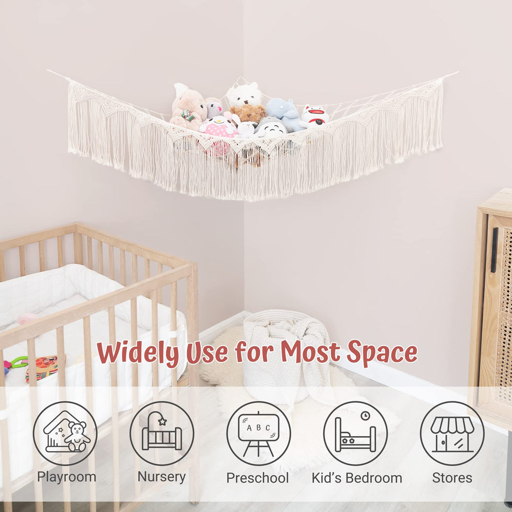 Mkono macrame toy storage net keeps stuffed animals organized and accessible.