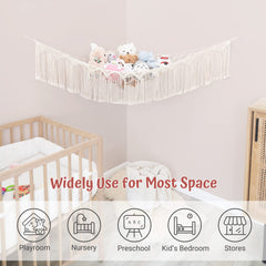 Mkono macrame toy storage net keeps stuffed animals organized and accessible.