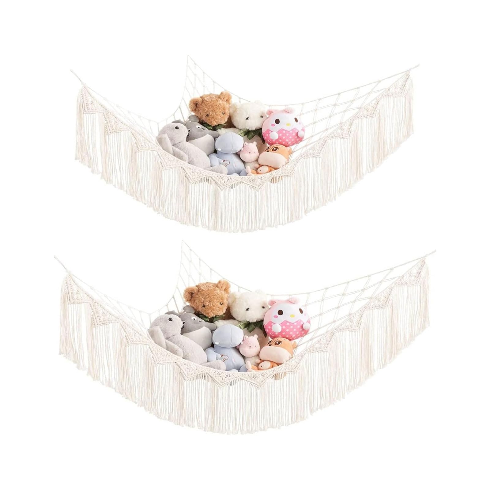 Mkono stuffed animal hammock corner macrame net full view showing large toy storage