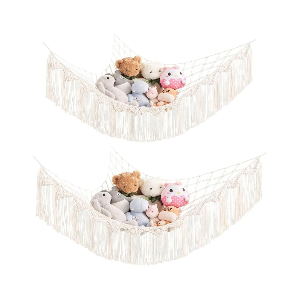 Mkono stuffed animal hammock corner macrame net full view showing large toy storage