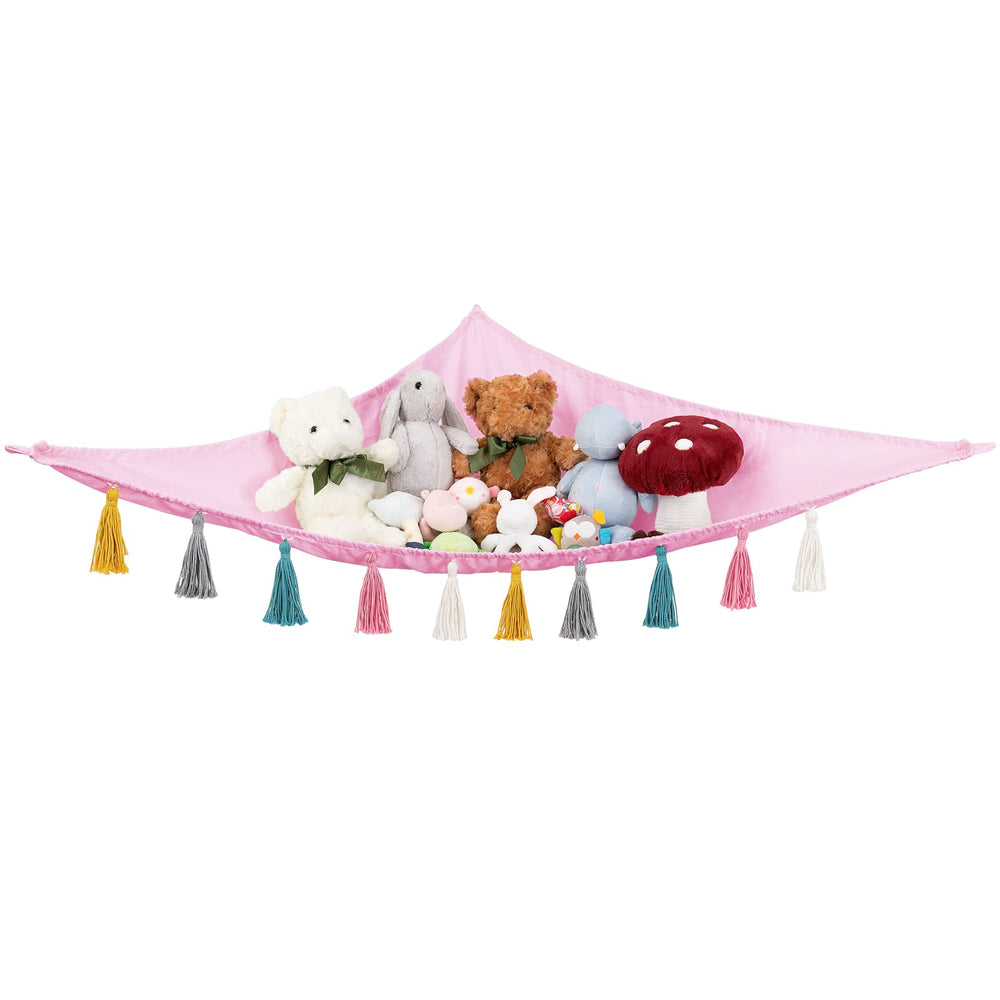 Mkono pink stuffed animal hammock front view with colorful tassels for easy toy storage