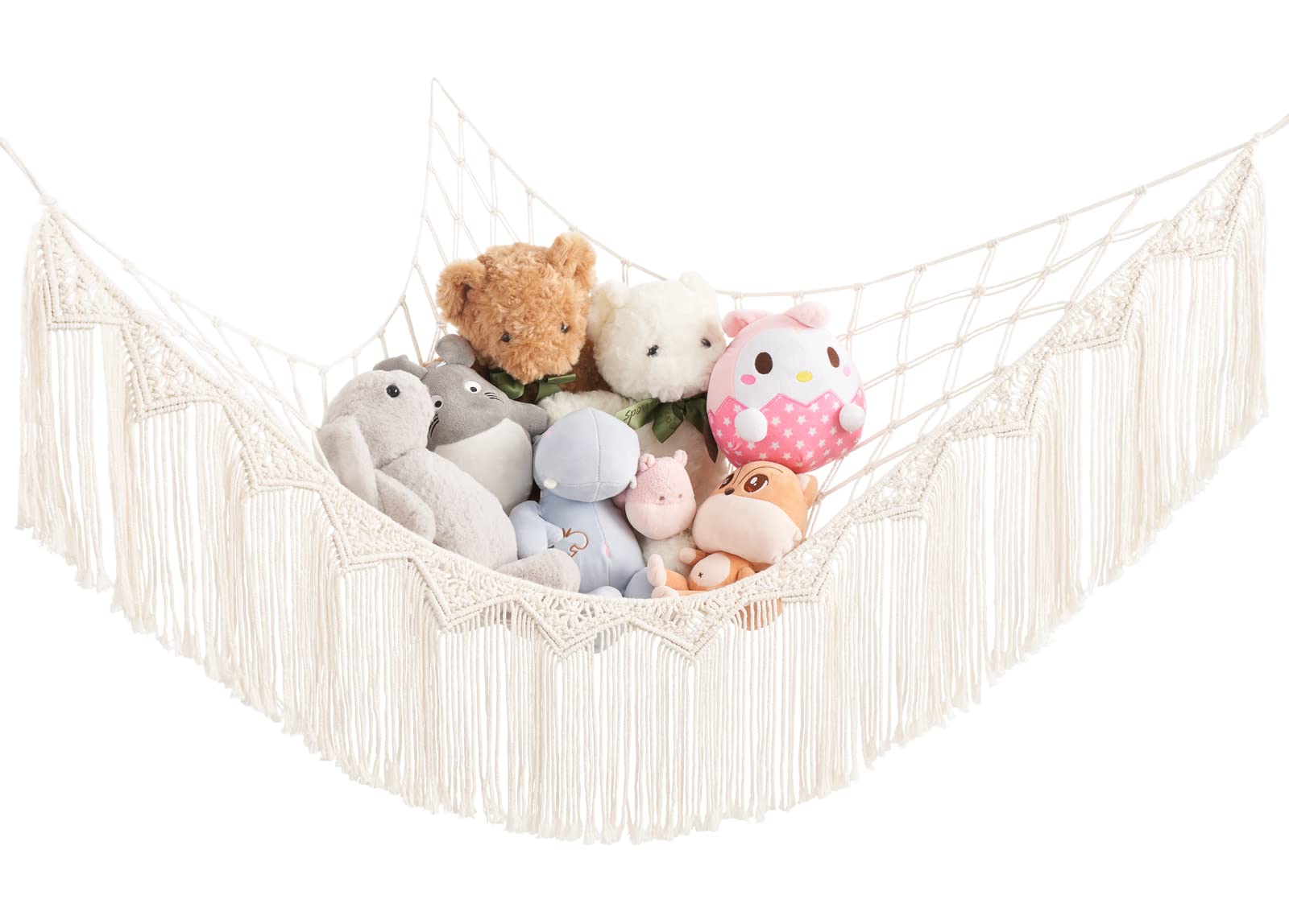 Mkono stuffed animal hammock setup displays toys neatly in a cozy nursery.