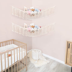 Mkono stuffed animal hammock tassels detail highlighting boho decor accent