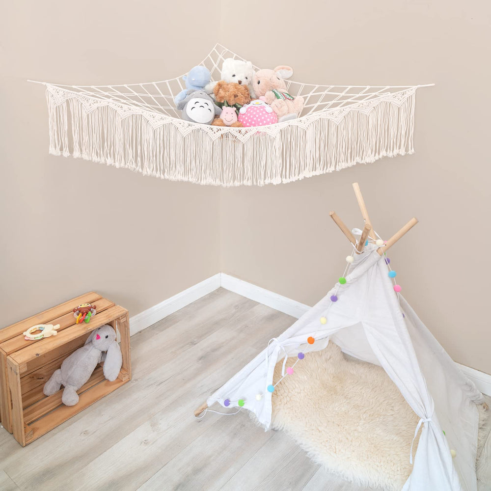 Mkono toy hammock display with tassels adds boho charm and storage.