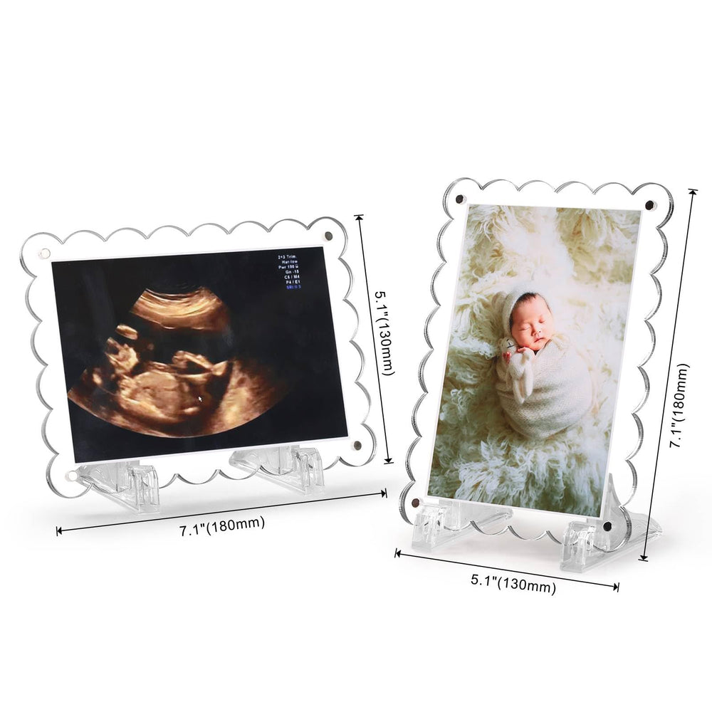 Mlatnod clear scalloped-edge frame enhances nursery decor around photos.