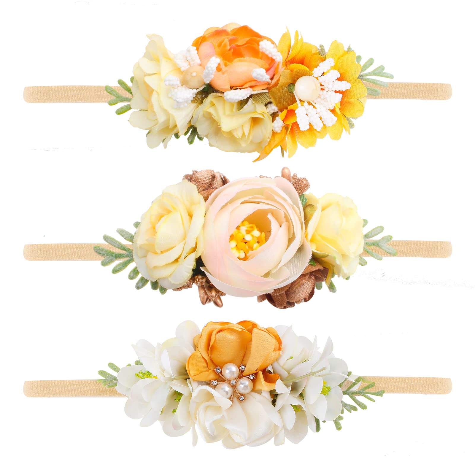 mligril baby girl floral headbands pack closeup with soft fabric and skin-friendly flowers