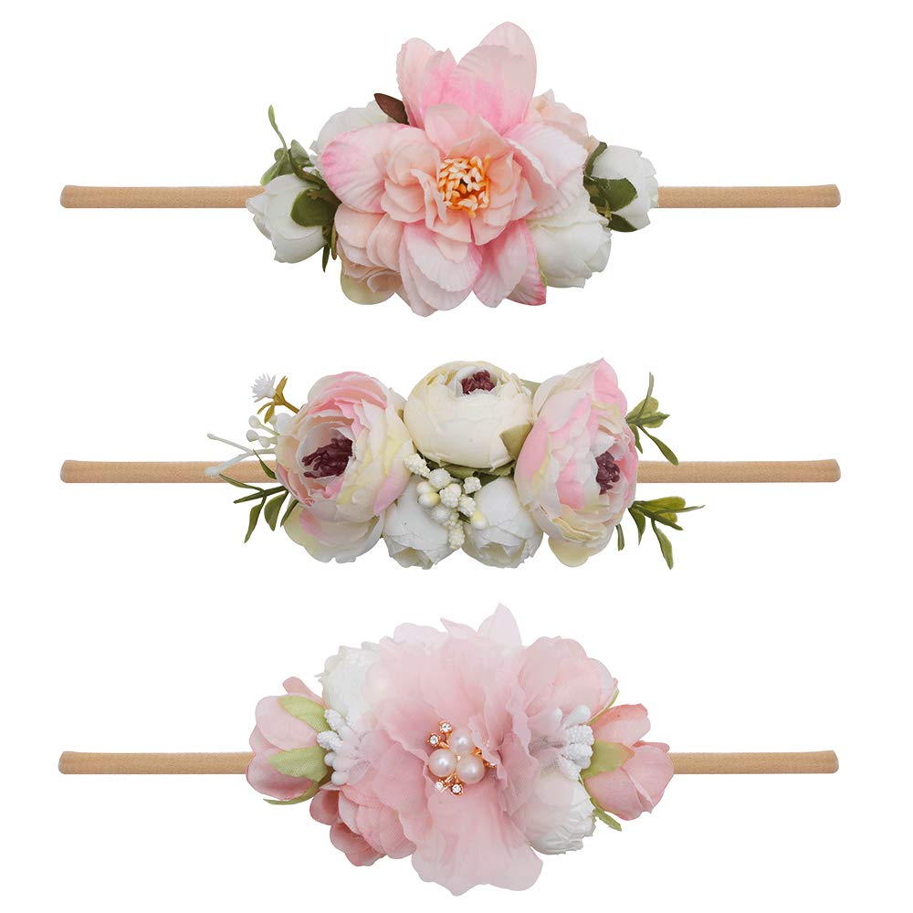mligril floral headbands 3pc set closeup shows soft fabric and gentle fit for newborns.