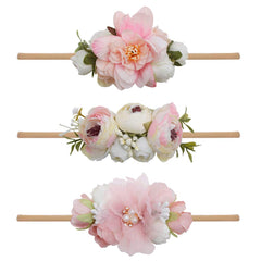 mligril floral headbands 3pc set closeup shows soft fabric and gentle fit for newborns.