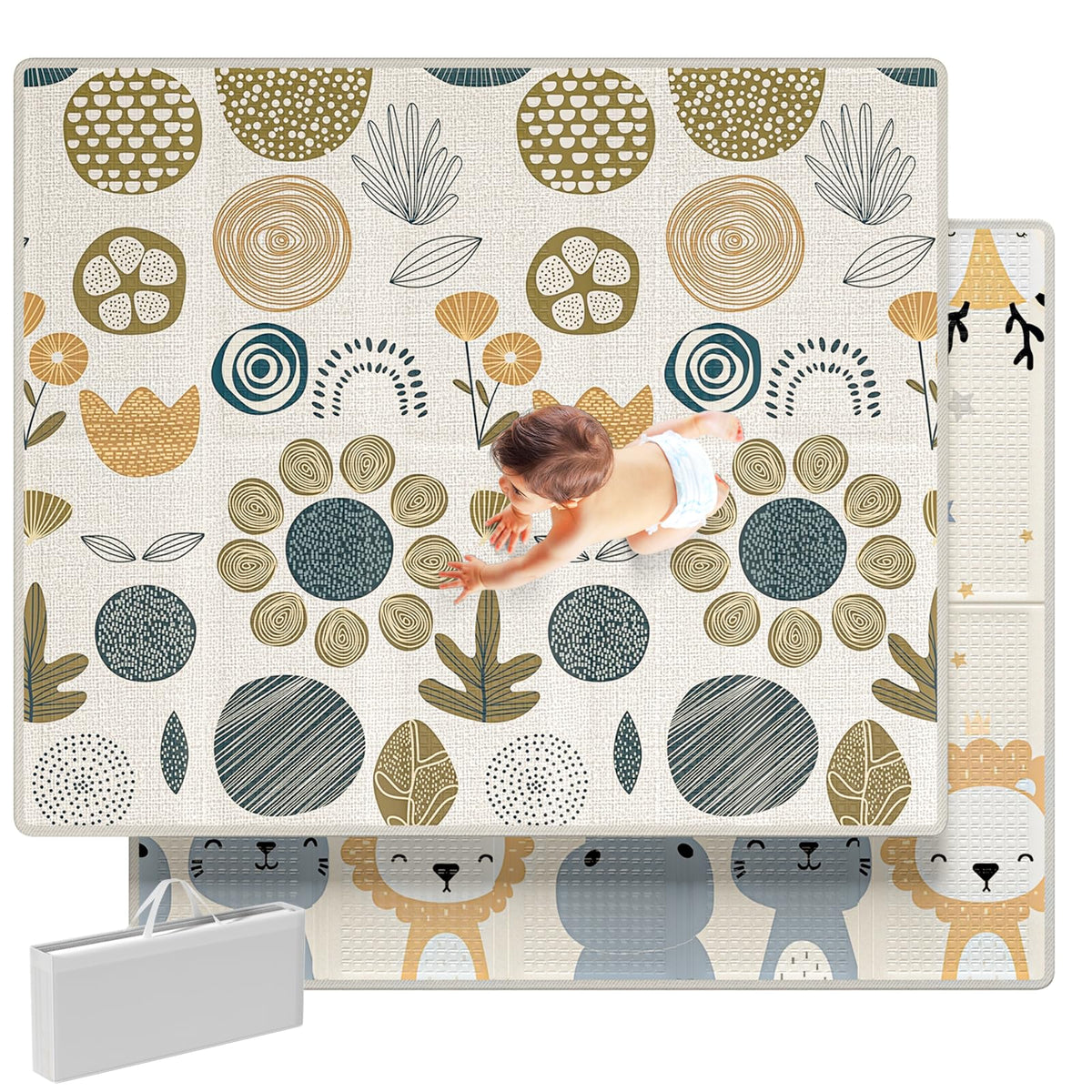 Mloong baby play mat laid flat showing spacious 59x71 inches for safe tummy time.