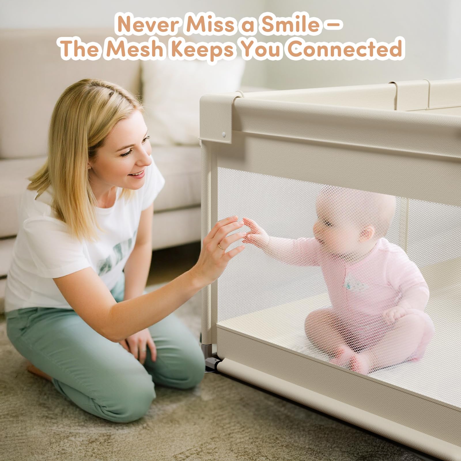 Mloong beige playpen in daily-use scene blends with living space