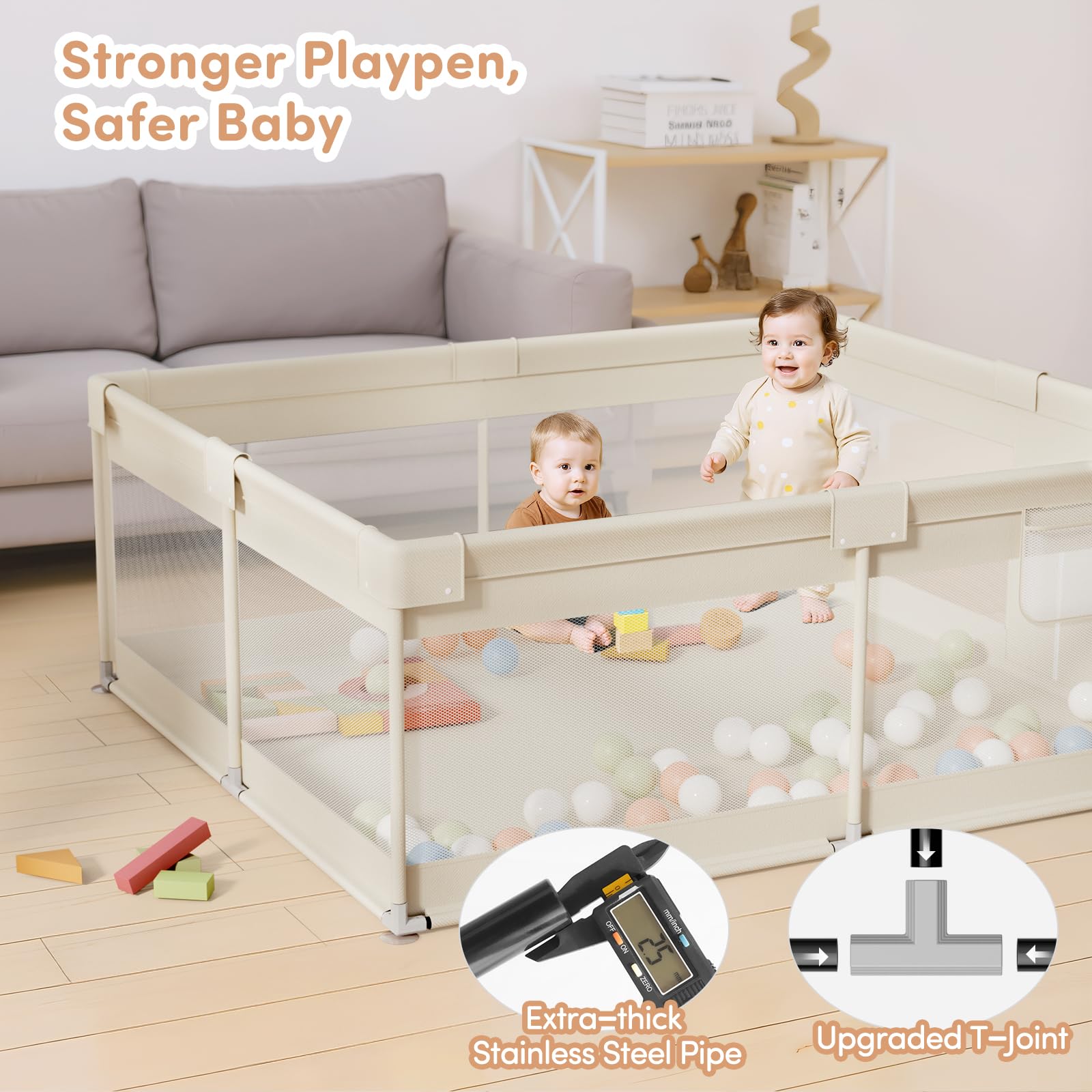 Mloong beige playpen includes storage bag for toys and essentials