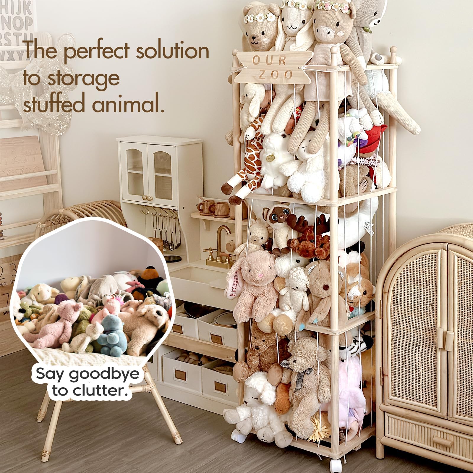 Mloong space-saving toy organizer tower demonstrates vertical plush storage