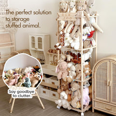 Mloong space-saving toy organizer tower demonstrates vertical plush storage