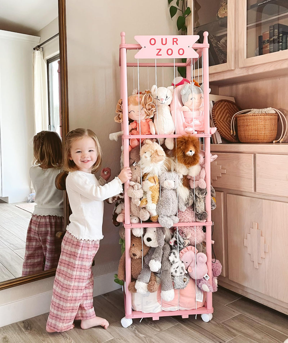 Mloong stuffed animal zoo storage pink-wood nursery decor in a cozy room
