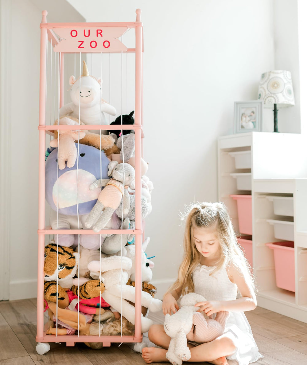 Mloong stuffed animal zoo storage pink-wood playroom tidy view with toys neatly arranged