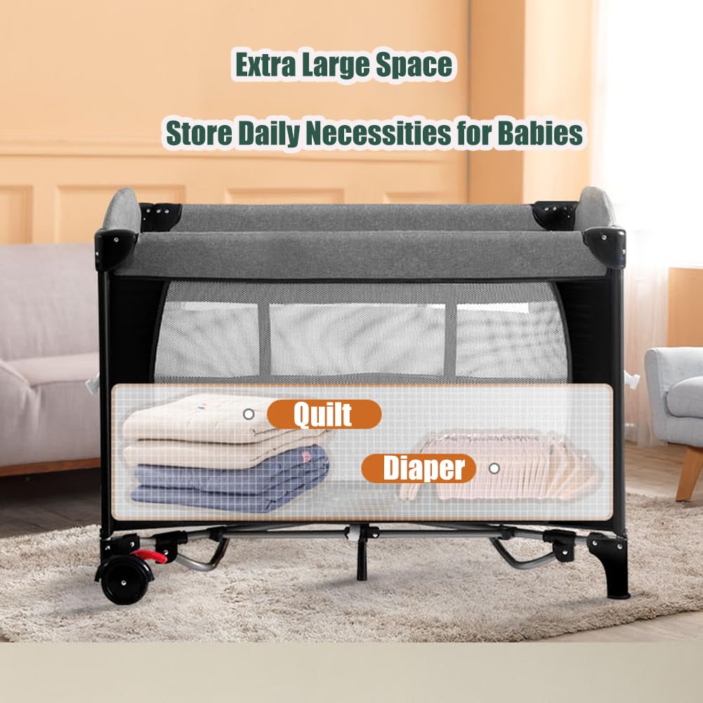 MMBABY foldable travel crib with wheels and brakes for easy transport