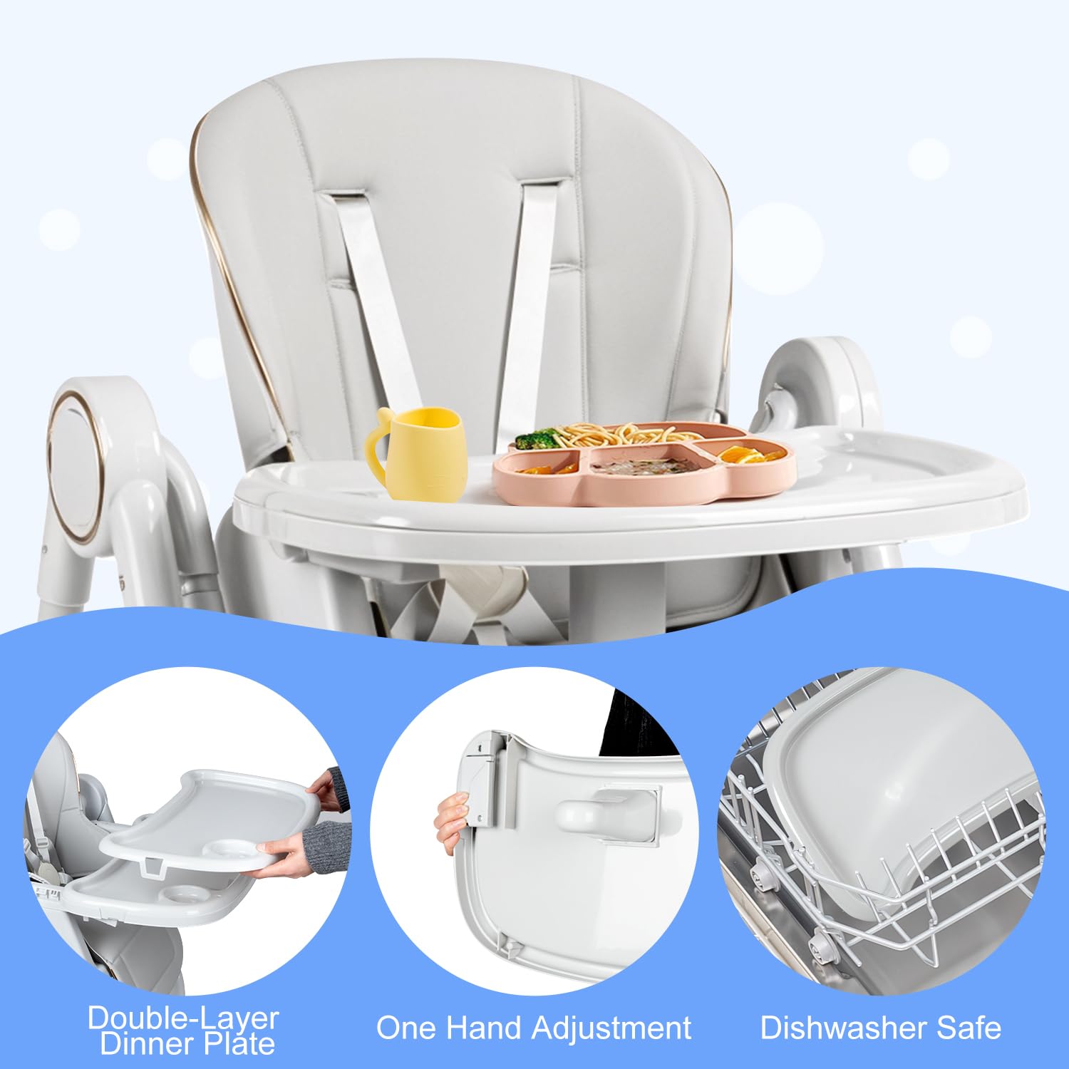 MMBABY high chair demonstrating modes for eating, play, and learning activities