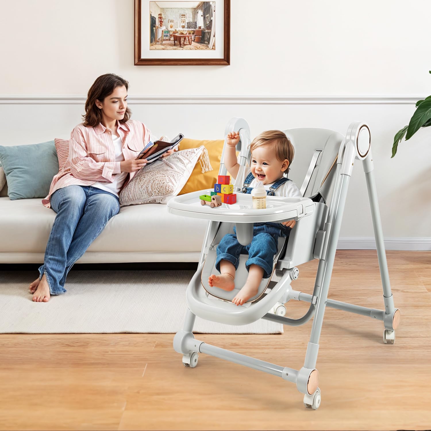 MMBABY high chair with waterproof PU cushion for simple wipe-clean care