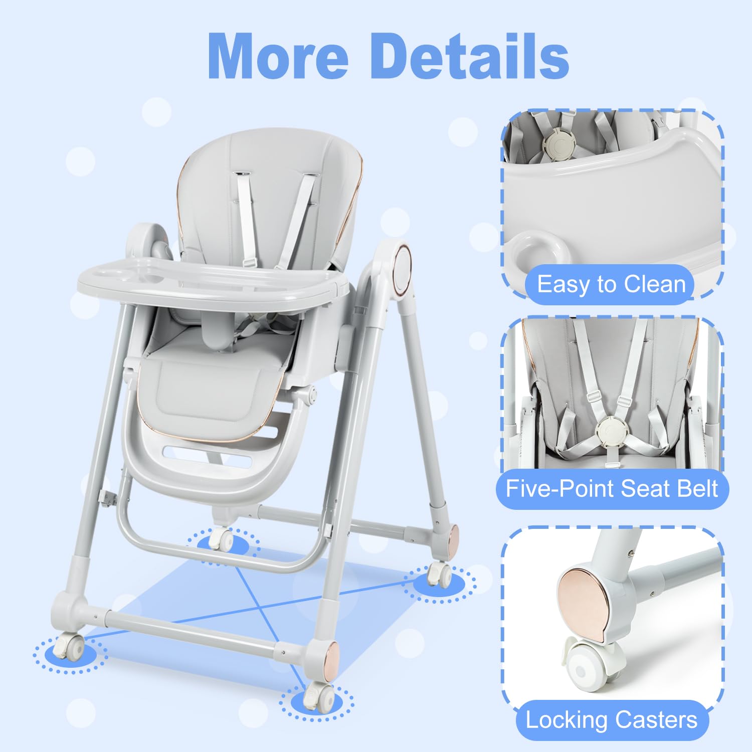 MMBABY high chair with widened plate for larger portions and easier feeding