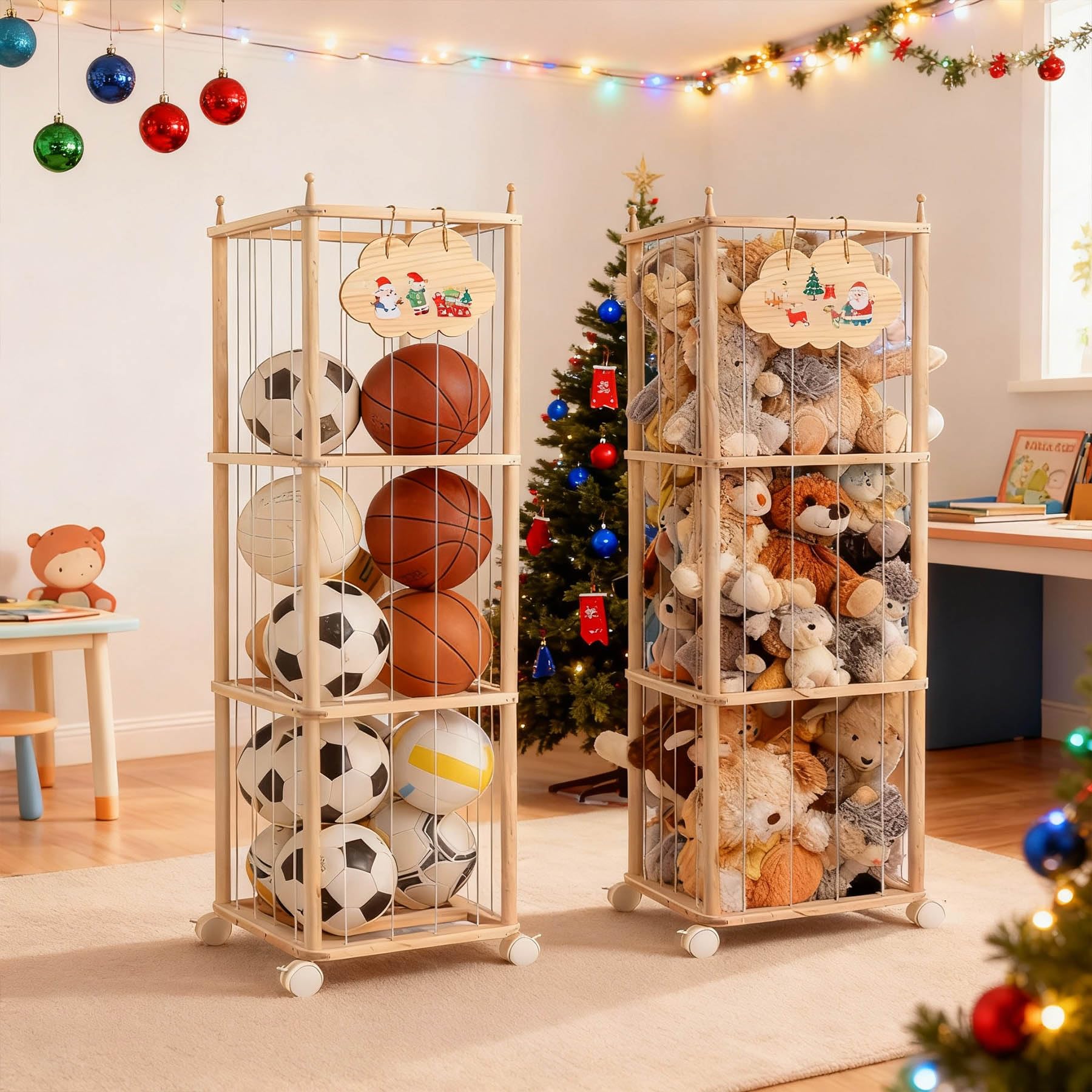 MMEEPO four-piece locking casters enable easy mobility when the unit is loaded with toys.
