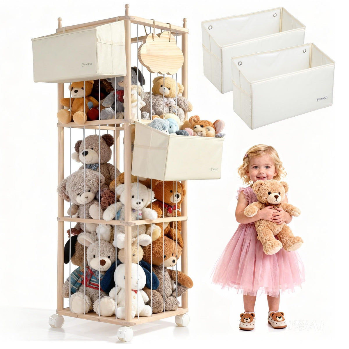MMEEPO stuffed animal storage 53-inch unit keeps plush toys neatly organized in playrooms.