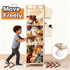 MMEEPO wooden tall zoo storage with wheels moves smoothly around a kids’ playroom.