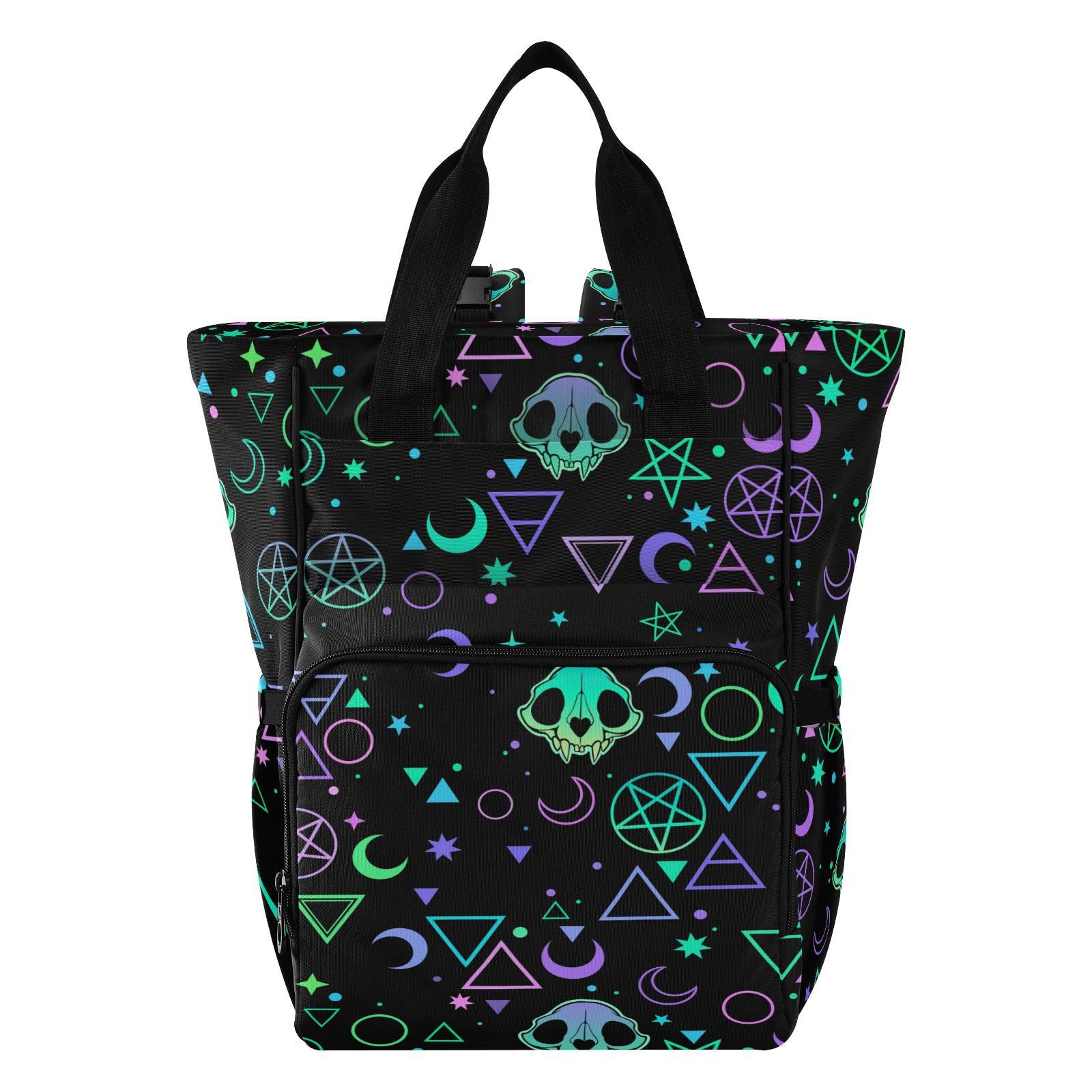 MNSRUU diaper bag with magic skulls backpack design, ideal for stylish baby outings.