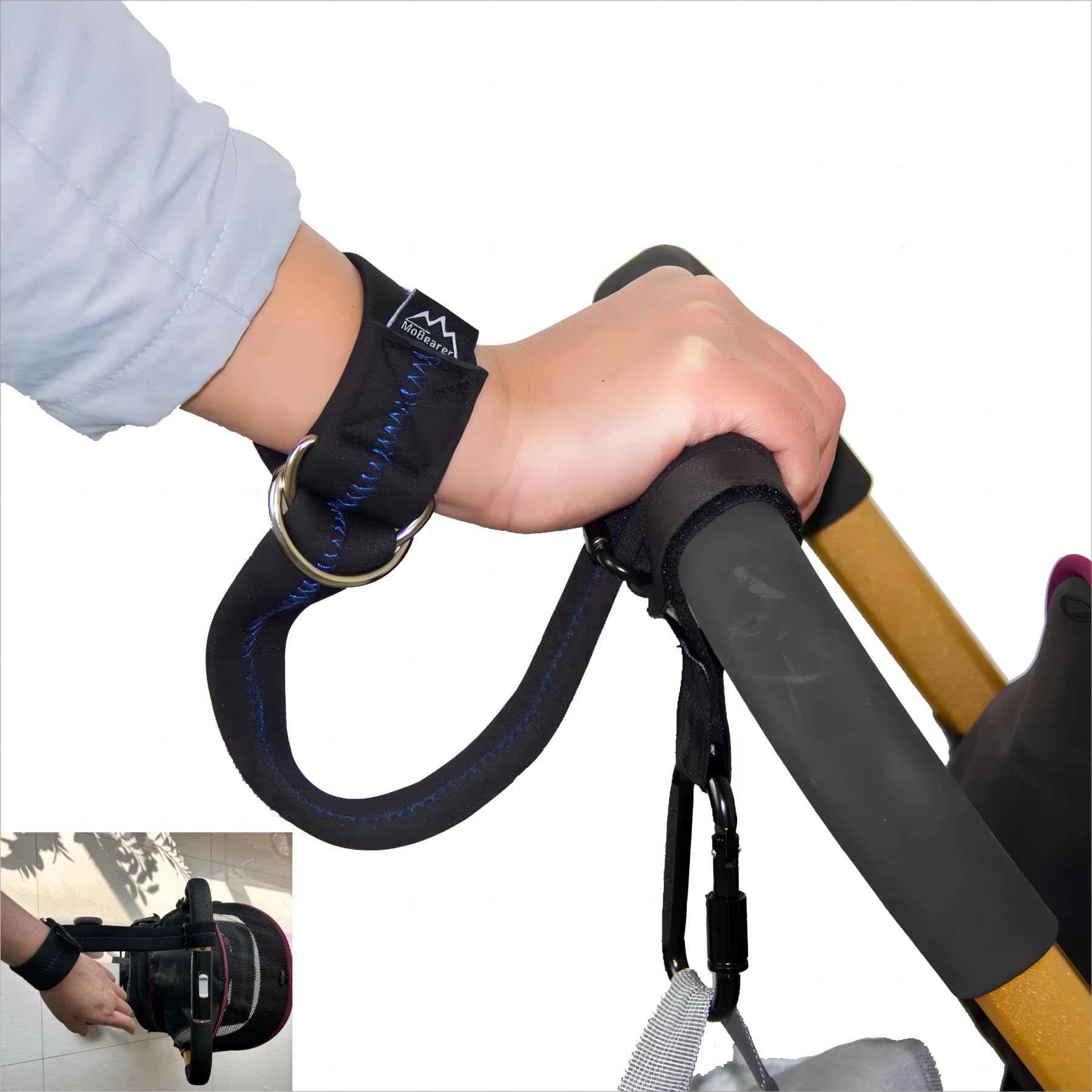MoBearer baby-stroller-wrist-strap close-up shows soft neoprene padding for comfort.