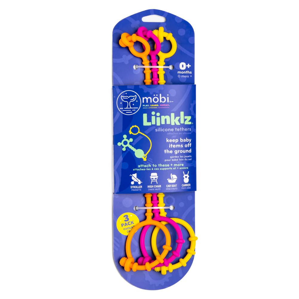 MÖBI Liinklz silicone tethers attached to a stroller provide safe on-the-go toy access.