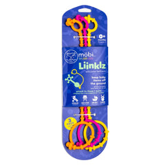 MÖBI Liinklz silicone tethers attached to a stroller provide safe on-the-go toy access.