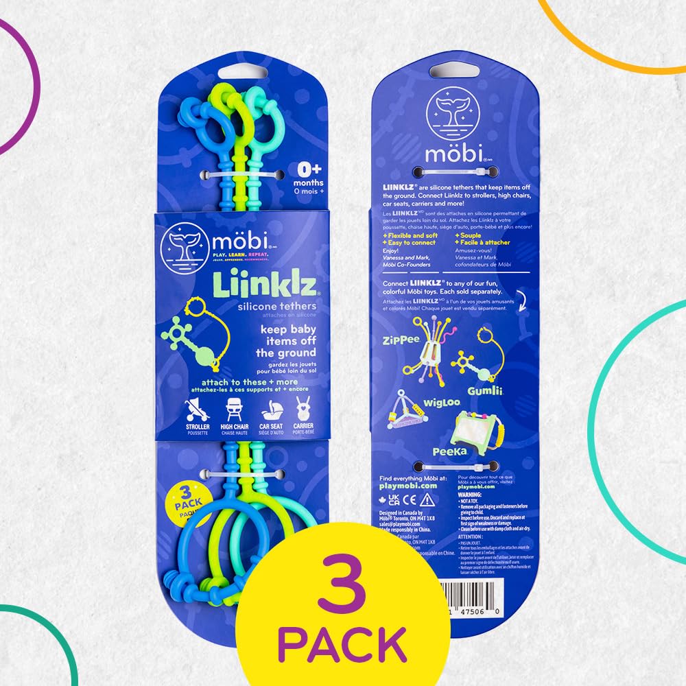 MÖBI Liinklz tether-car-seat clip secures toys for car rides.