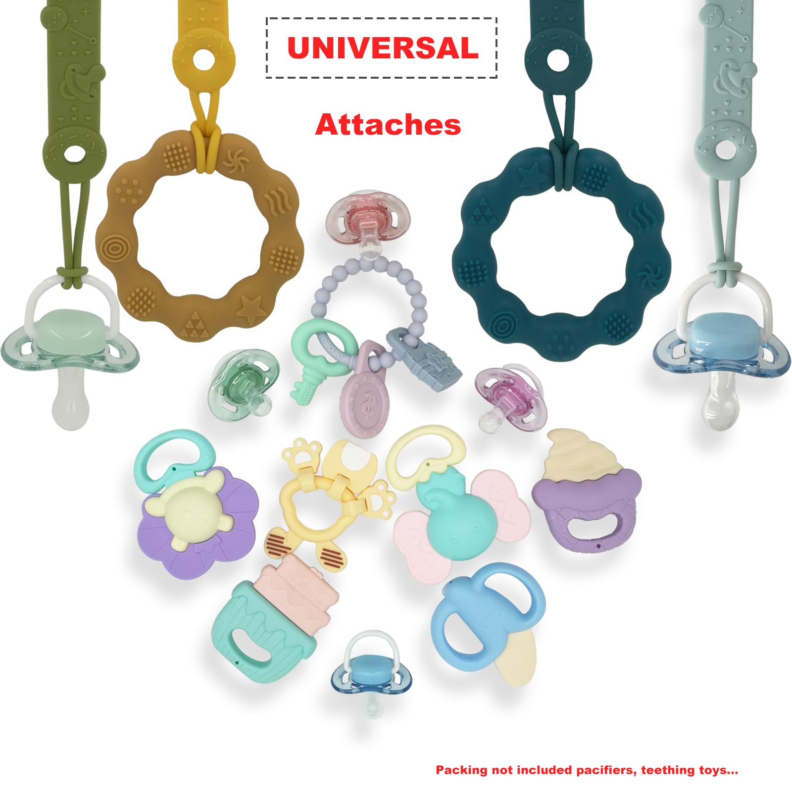 MOBU pacifier clip 4pack shown attached to bottles, strollers, and clothing during outings.