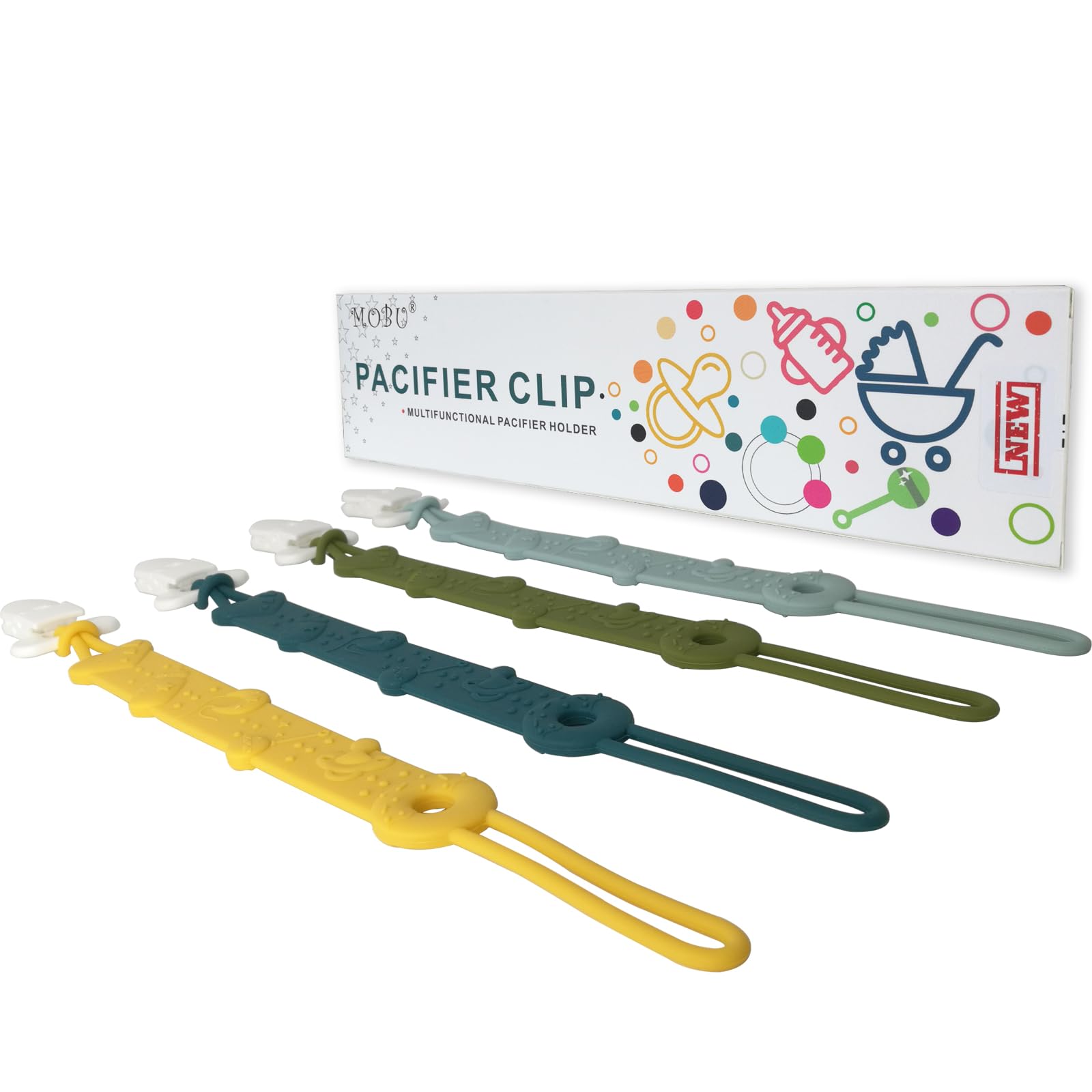 MOBU pacifier clip use-safe silicone resists wear and is rust-free due to one-piece design.