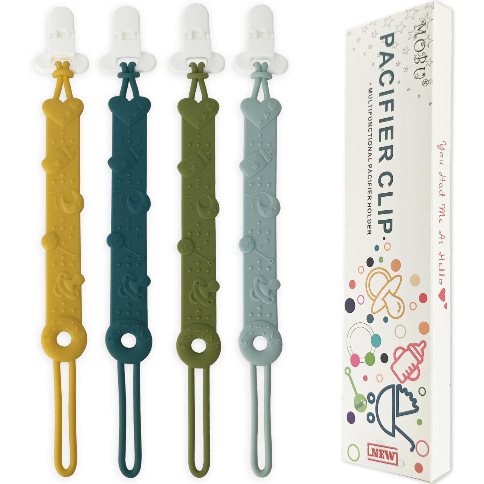 MOBU pacifier clip 4pack in four colors offers universal pacifier compatibility.