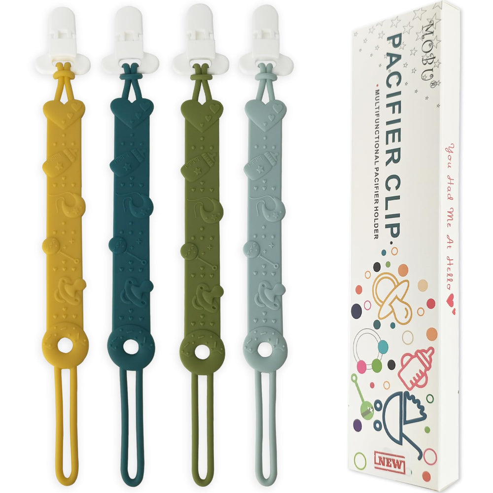 MOBU pacifier clip 4pack in four colors offers universal pacifier compatibility.