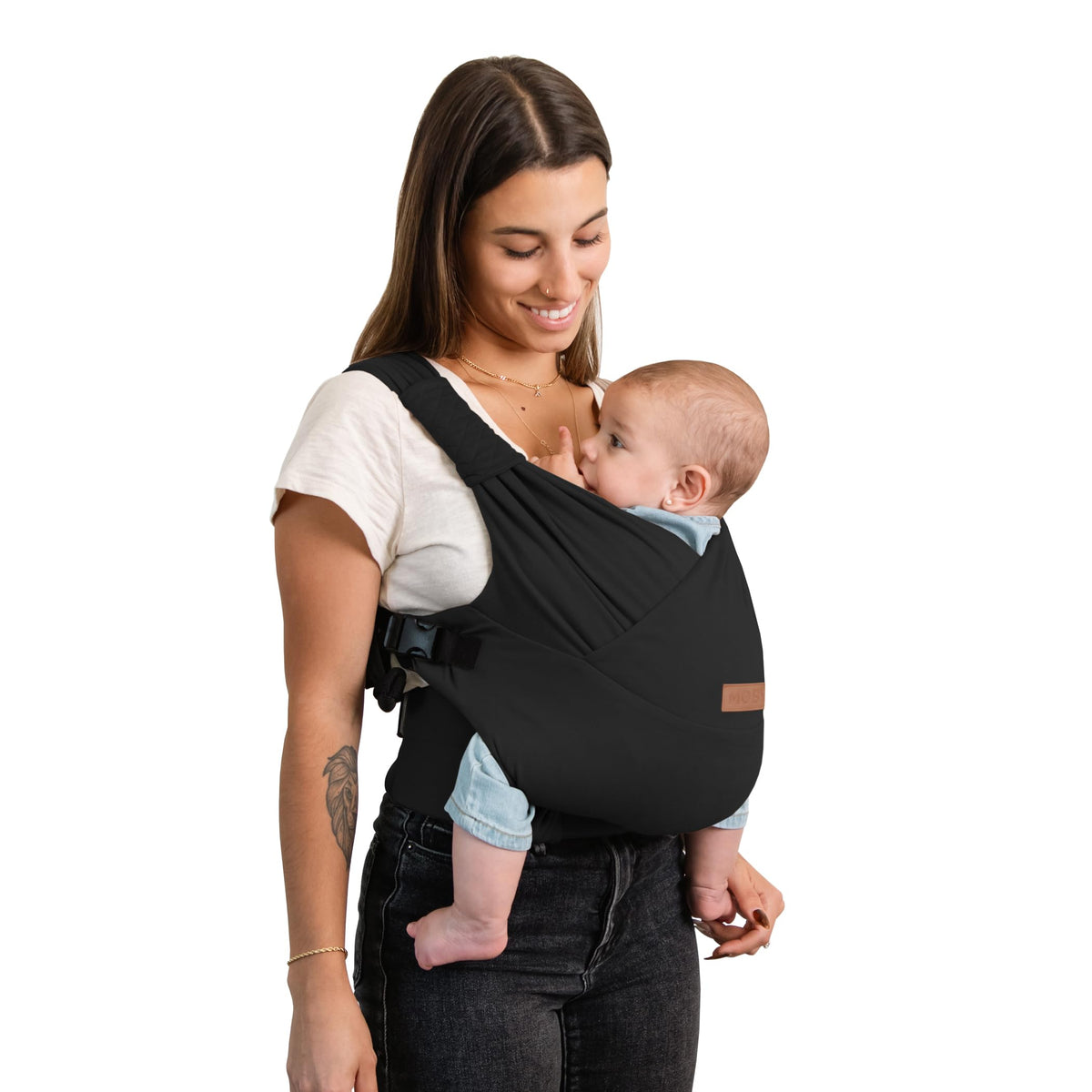 Moby Baby Duet Carrier worn by parent for hands-free comfort.