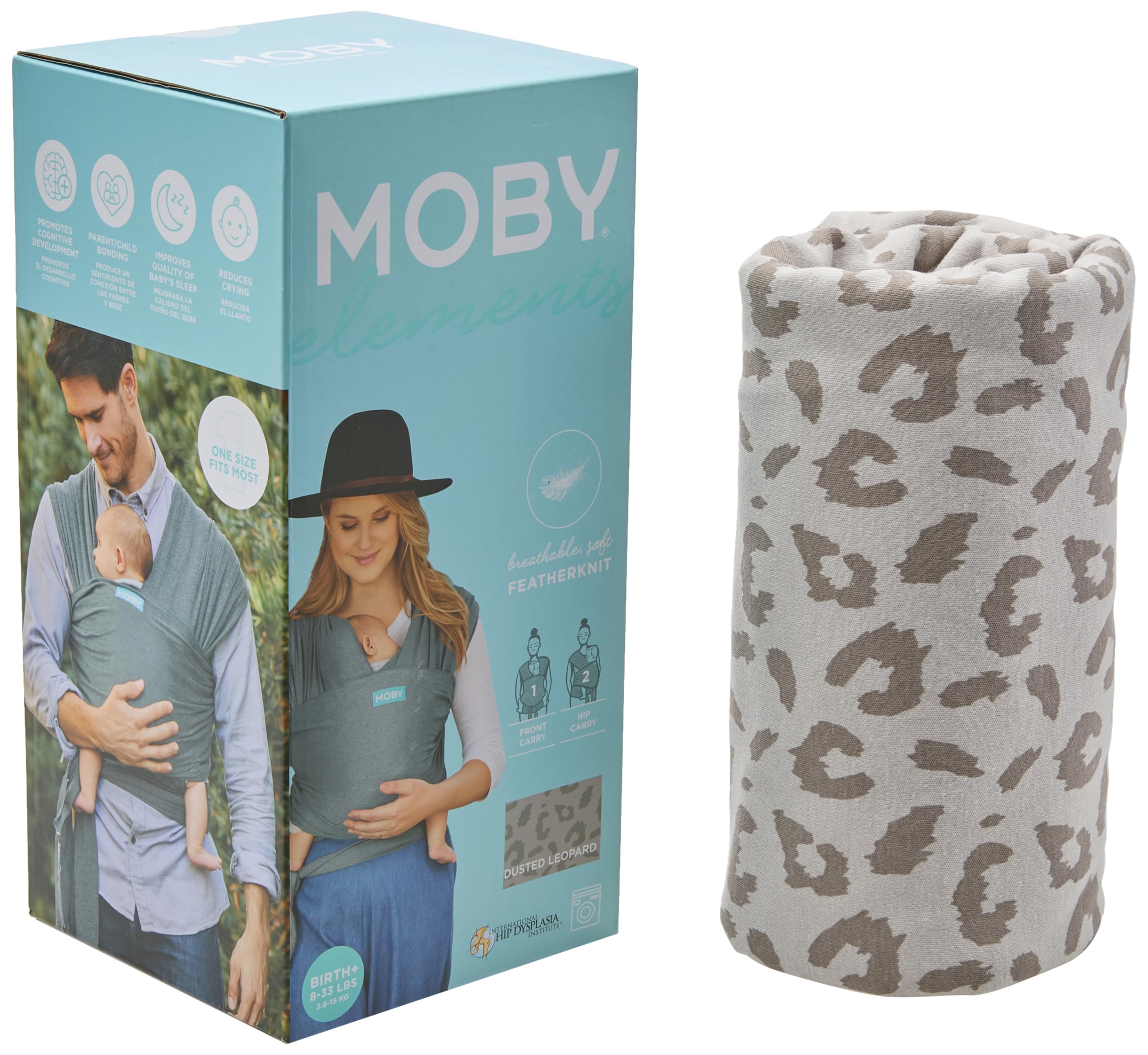 Moby Baby Wrap Element dusted leopard worn on shoulder showing bonding and comfort