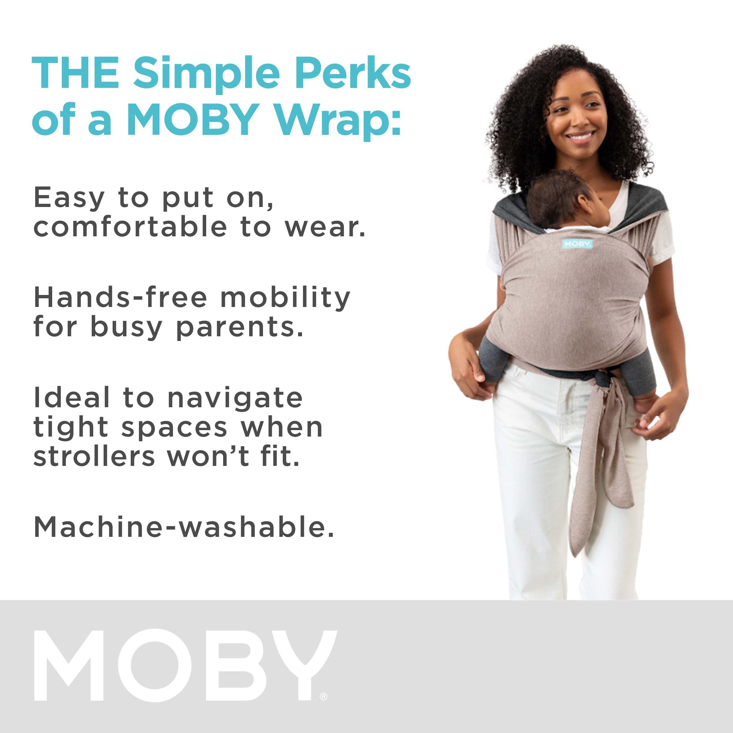 Moby Baby Wrap on shoulder showing ergonomic, balanced support for parents.