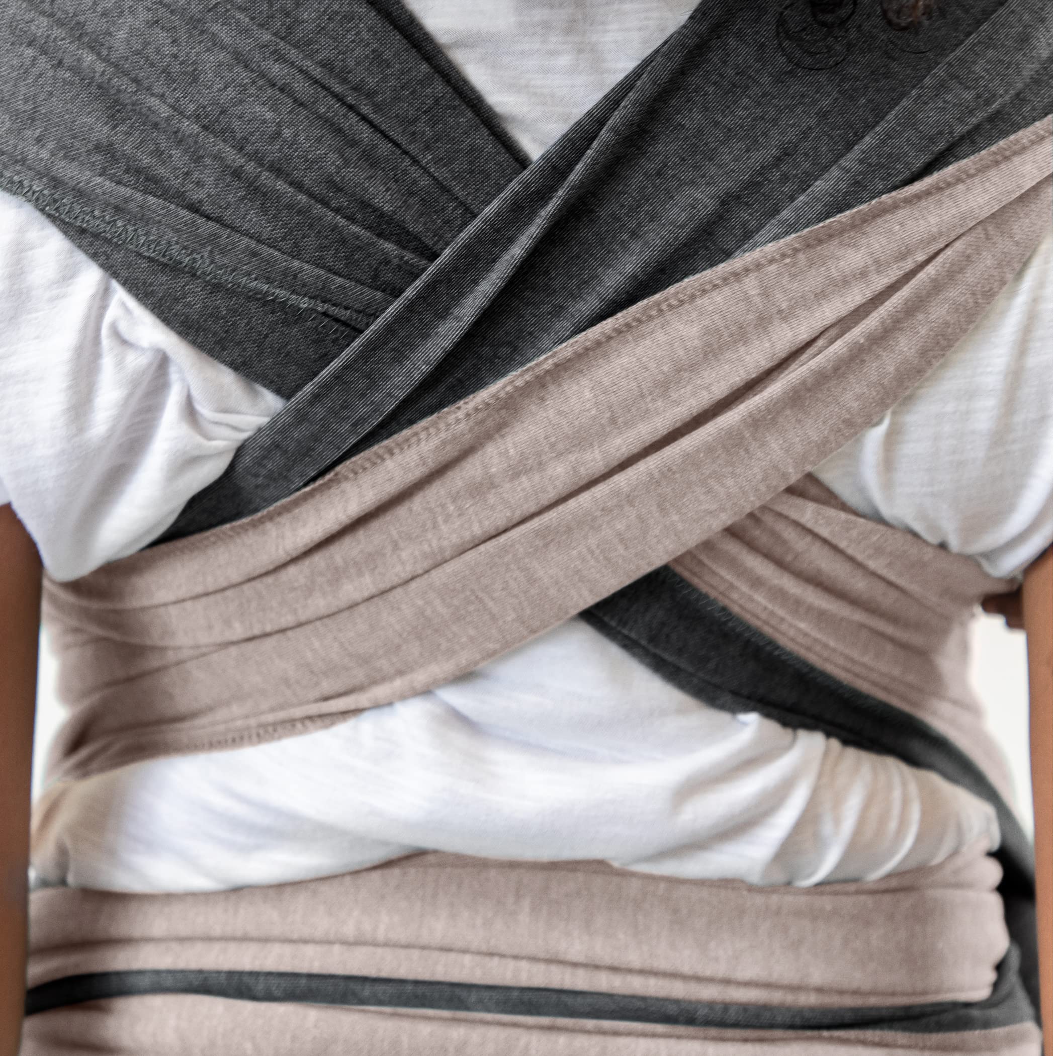 Moby Baby Wrap in Kangaroo Hold mode for easy transitions and active use.