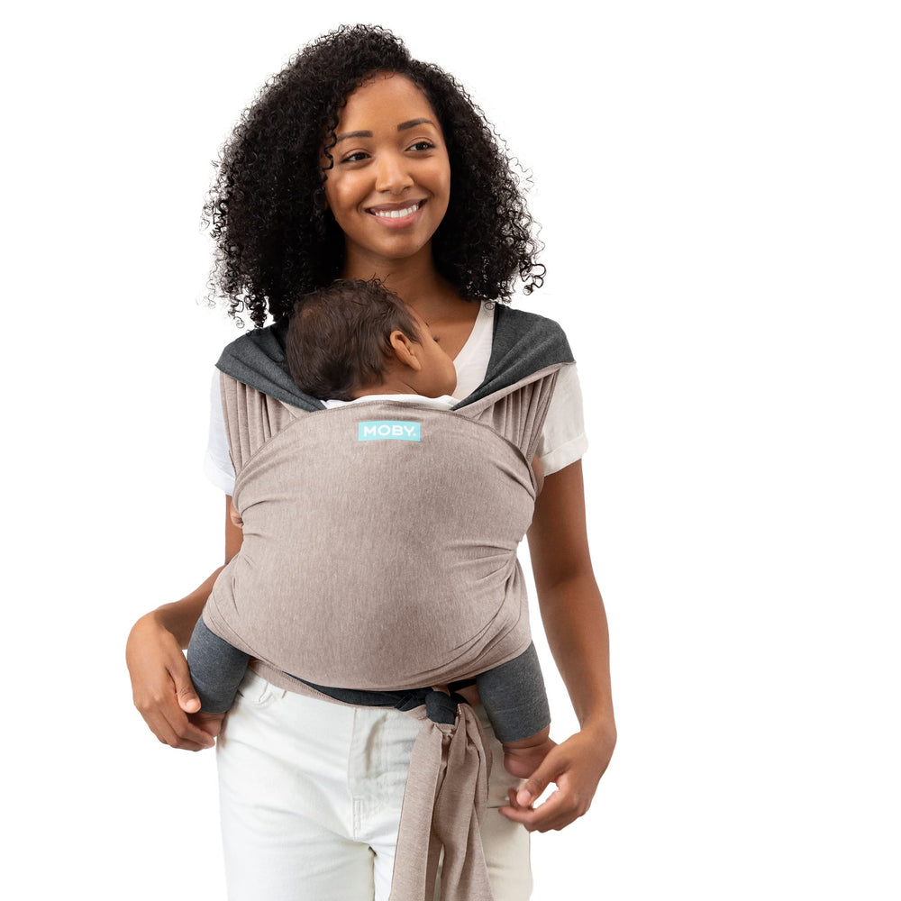 Moby Baby Wrap reversible closeup in taupe-charcoal shows cozy fabric for newborn bonding.