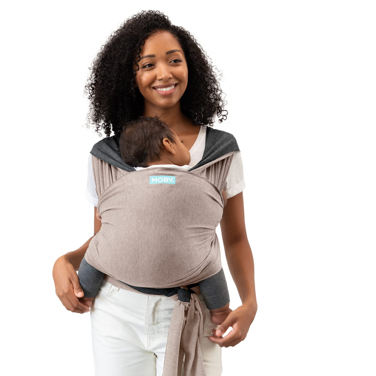 Moby Baby Wrap reversible closeup in taupe-charcoal shows cozy fabric for newborn bonding.