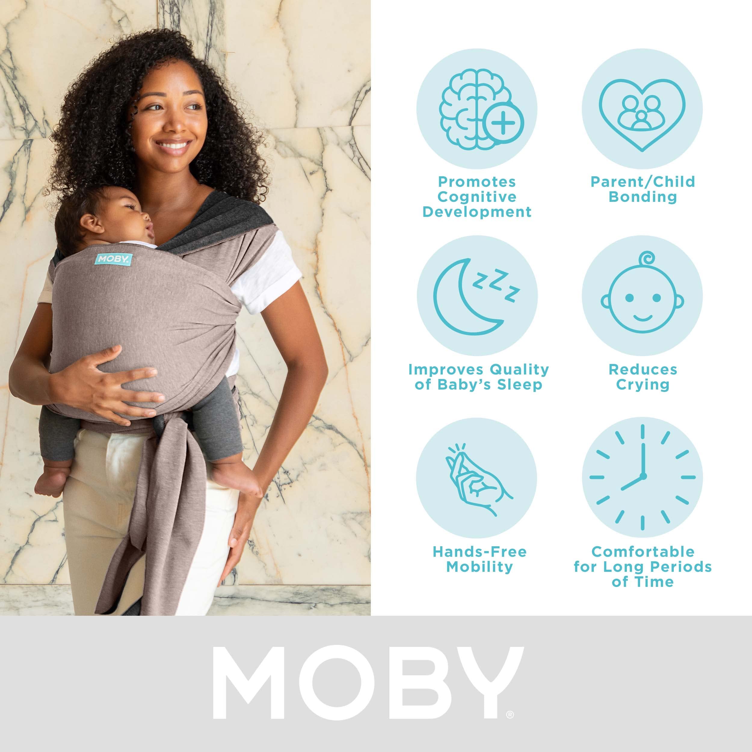 Moby Baby Wrap worn by caregiver with infant, highlighting comfortable, even weight distribution.