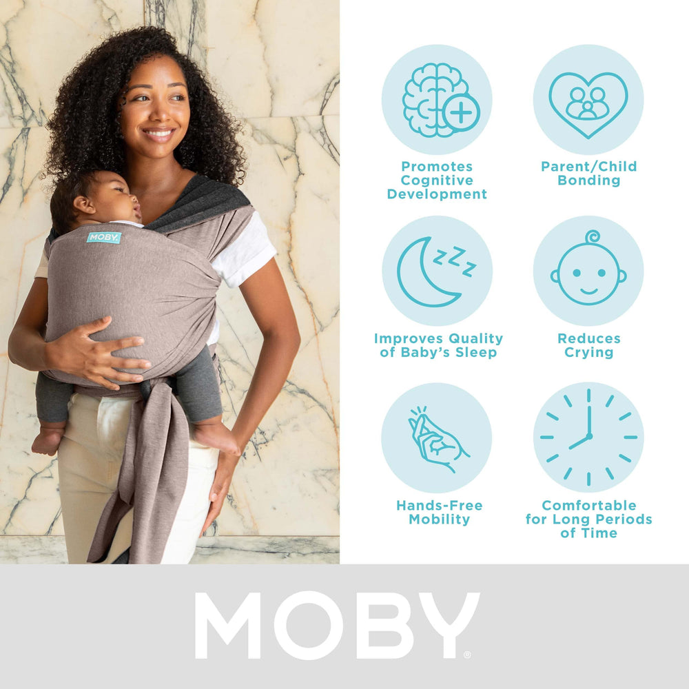 Moby Baby Wrap worn by caregiver with infant, highlighting comfortable, even weight distribution.