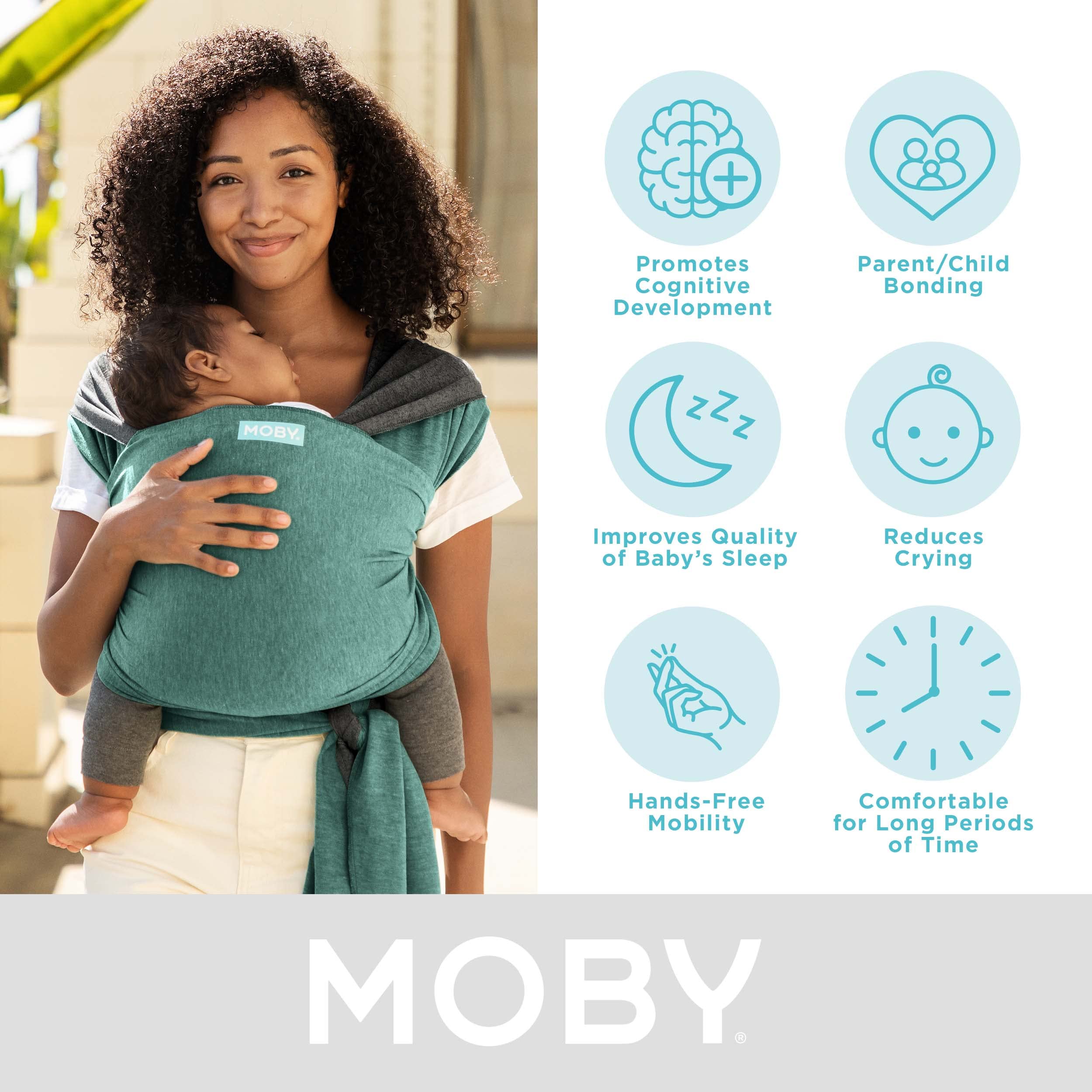 Moby baby wrap worn style demonstrates versatile carrying options for newborns.
