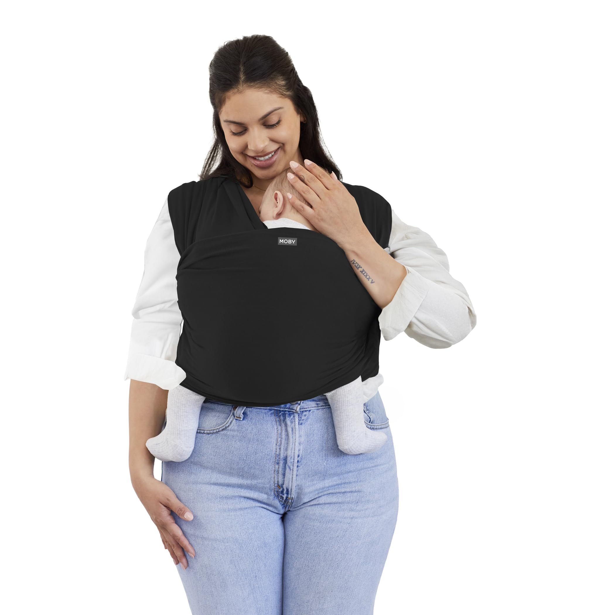 Moby Basics baby wrap in black offers a snug front-carry cuddle for bonding.
