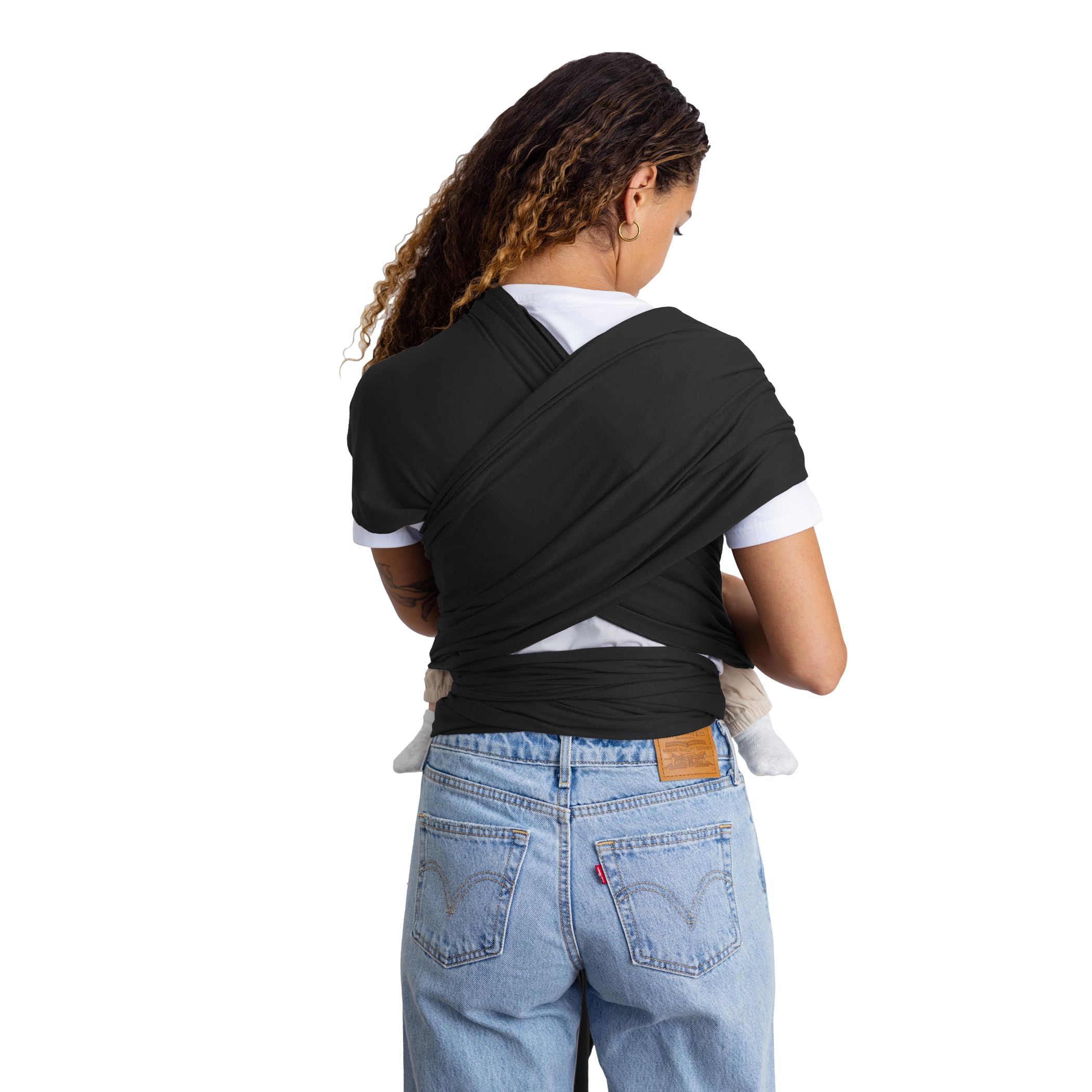Moby Basics wrap close-up shows breathable fabric distributing weight for comfort.