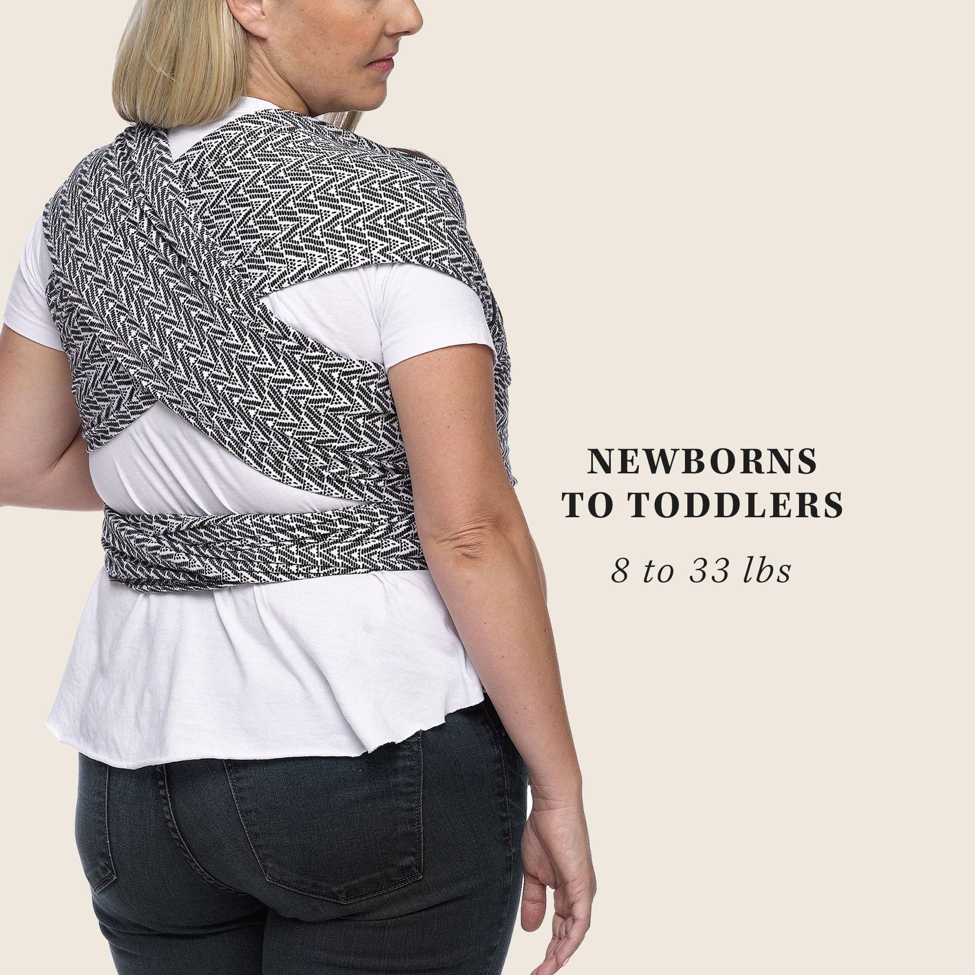 Moby Evolution Wrap baby 8-33lbs wearing in Starry Nights Salvador for secure babywearing