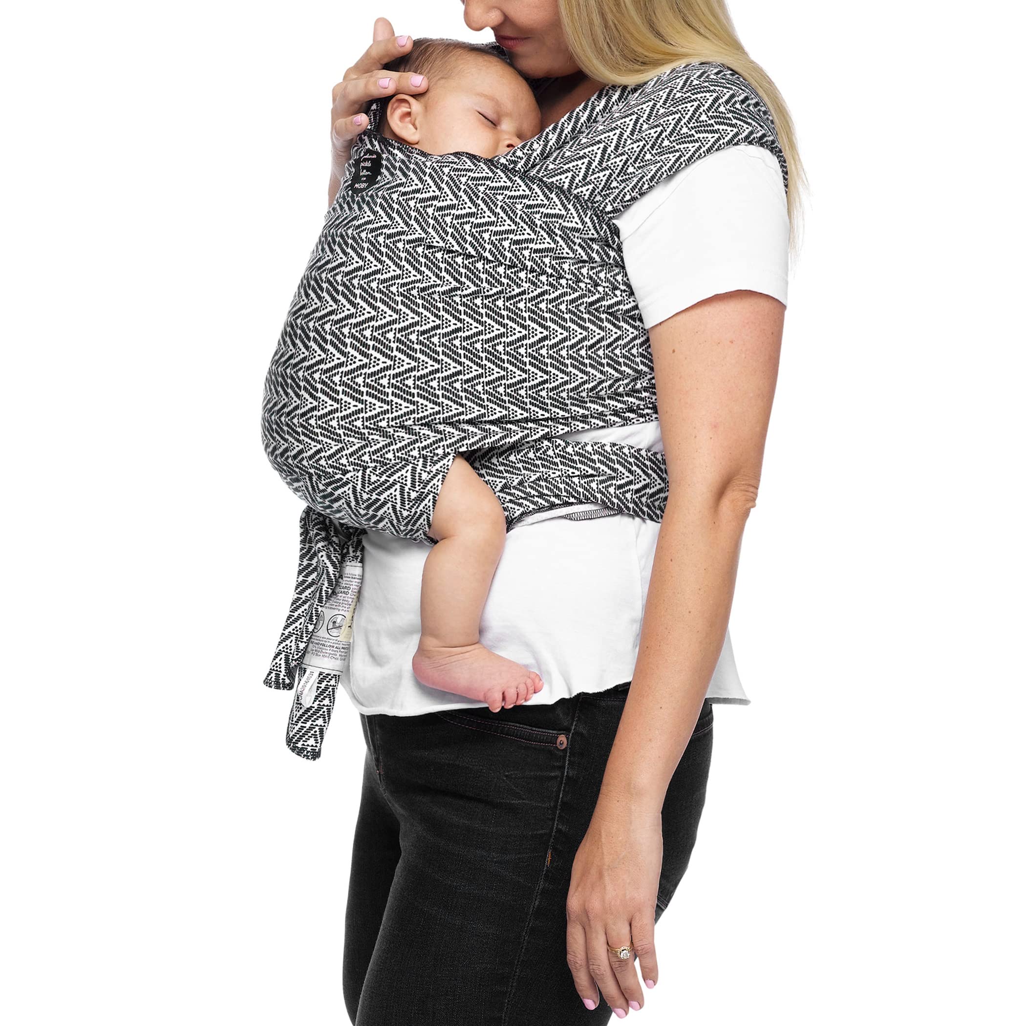 Moby Evolution Wrap on baby showing cozy, secure bond in Starry Nights Salvador