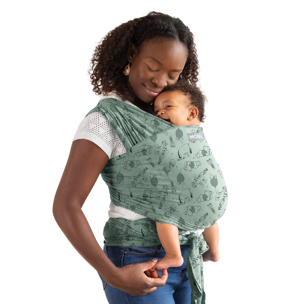 Moby Featherknit baby wrap front view showing secure close hug for bonding
